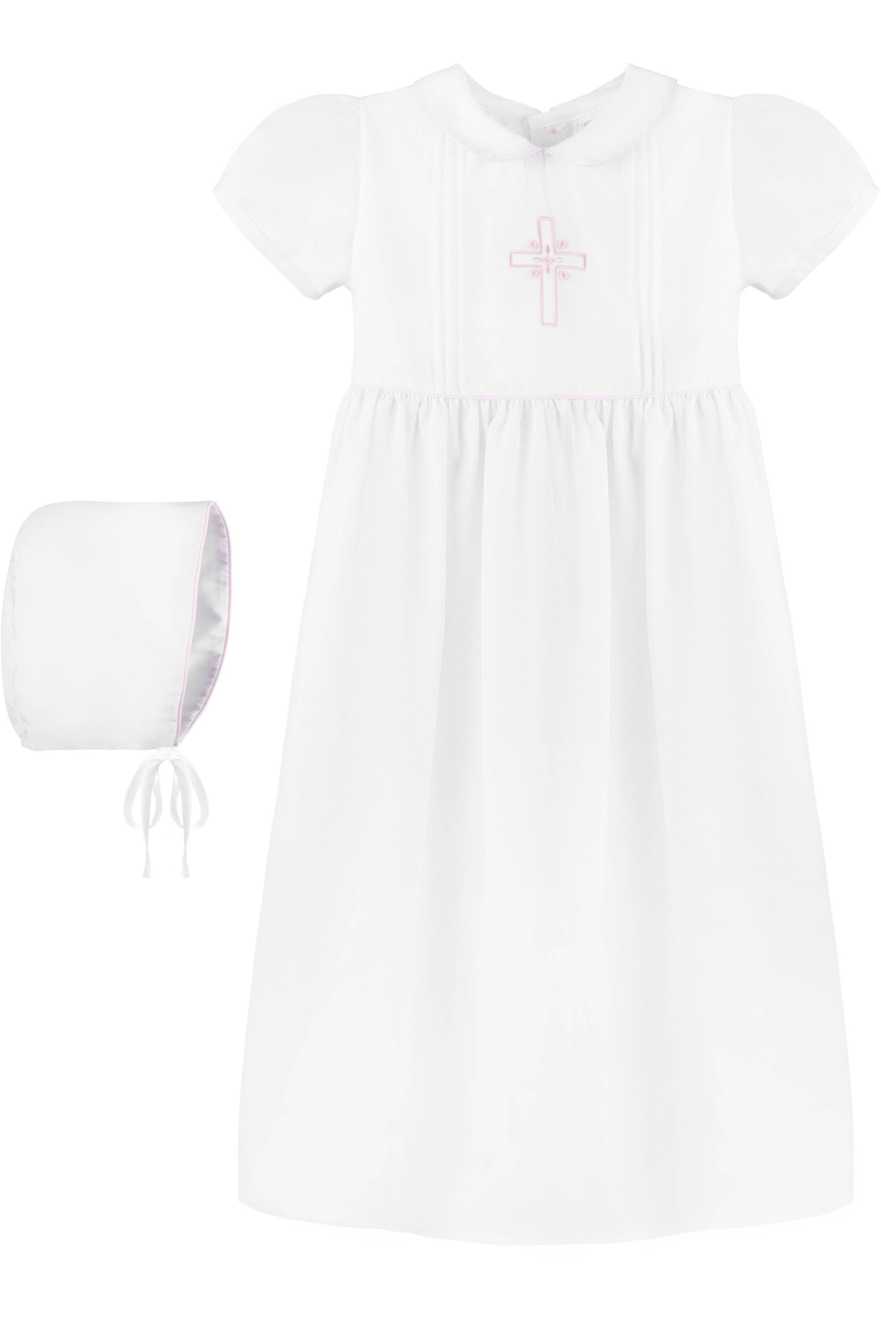Julius Berger & Carriage Boutique - Baby Girl Pink Embroidered Cross Christening Gown + Bonnet