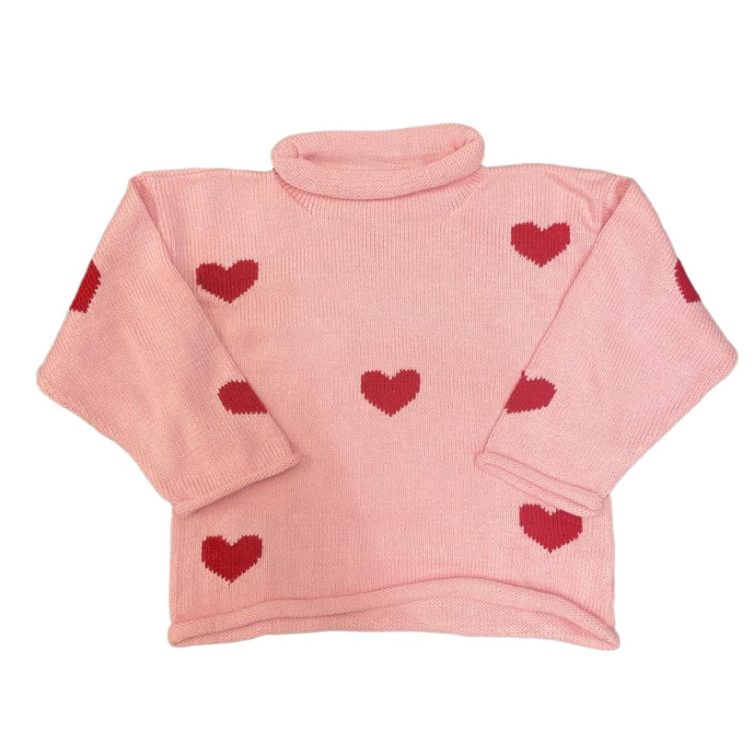 Roll Neck Sweater: Light Pink with Deep Red Hearts