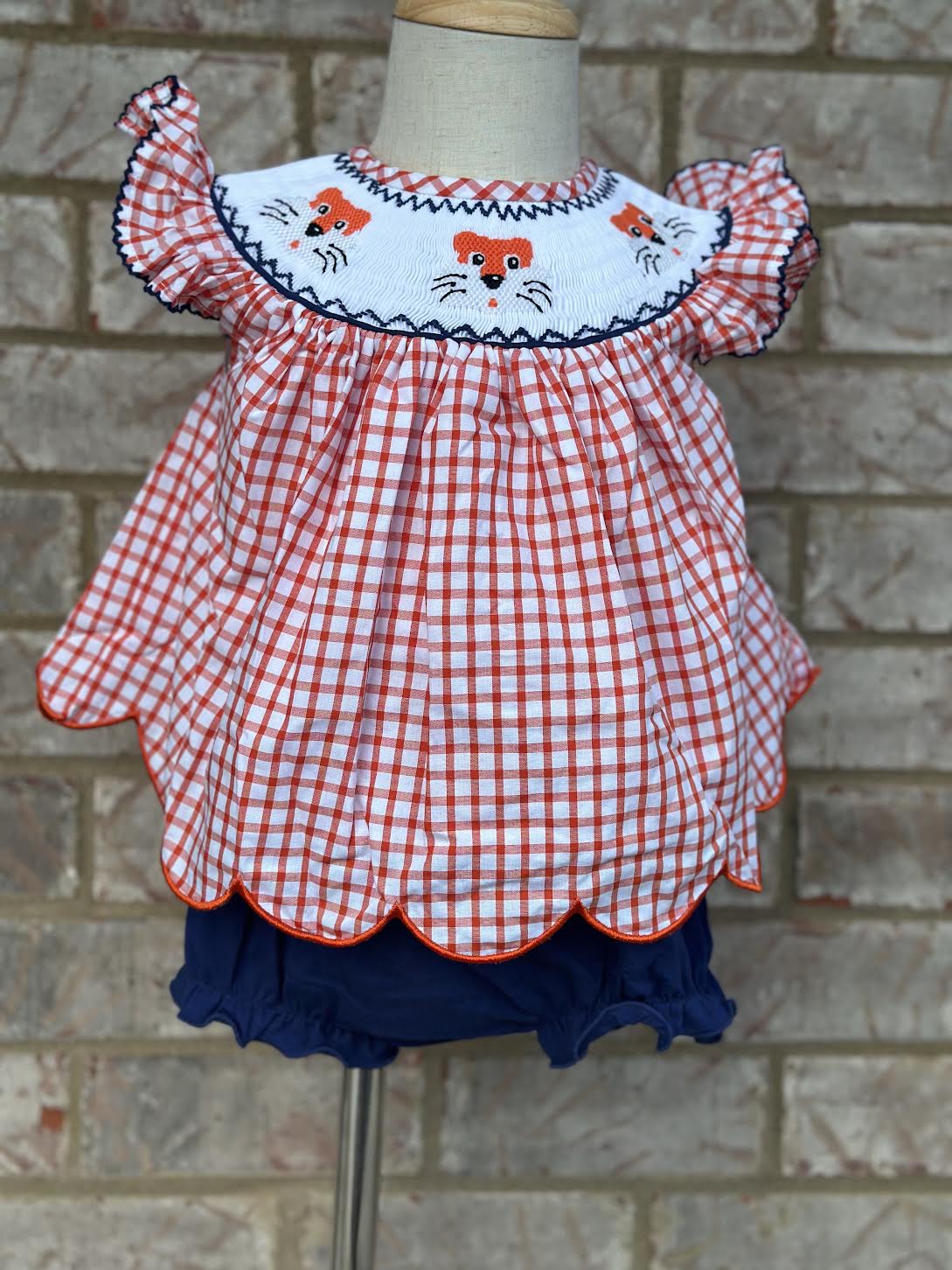 Orange Gingham Bloomer Set with Tiger Smocking