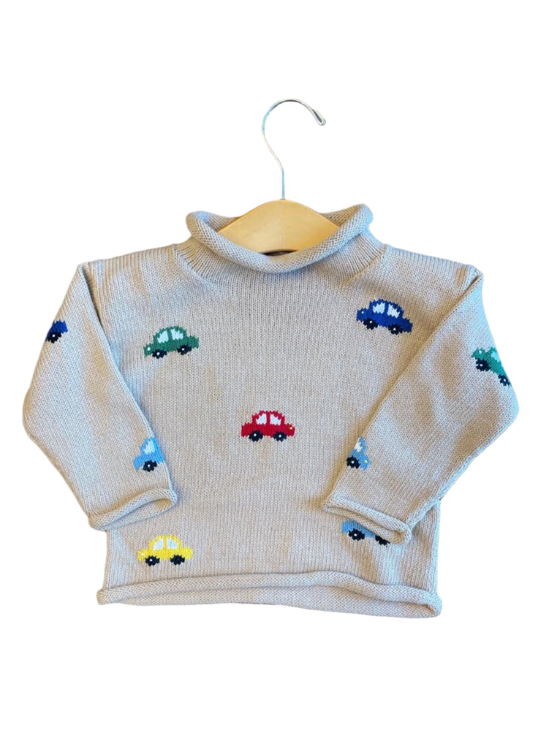 Roll Neck Sweater: Sand with Allover Cars