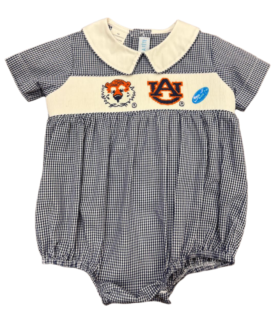 Navy Gingham Auburn Tigers Smocked Boy Bubble