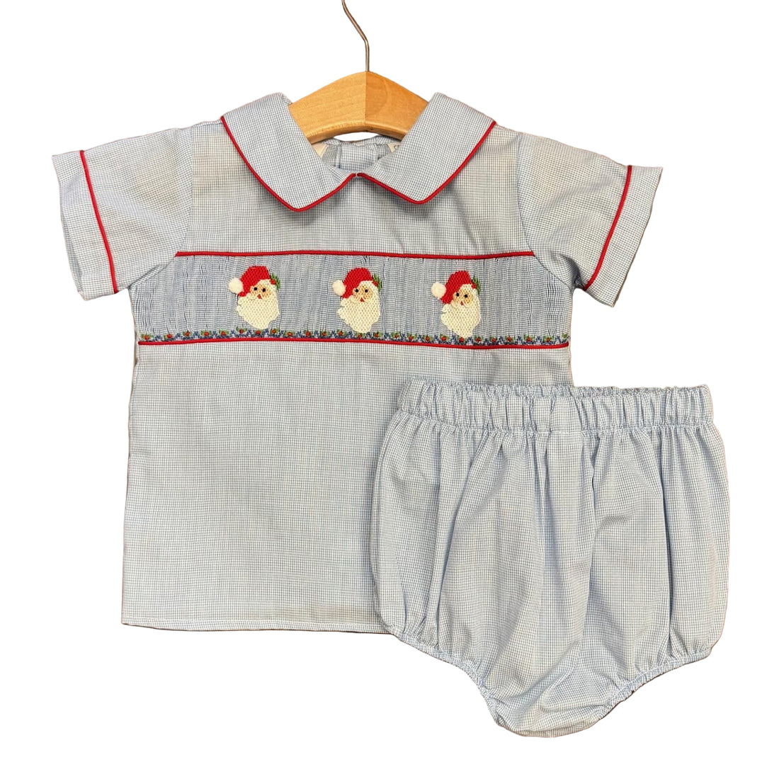 Blue Micro Gingham Santa Smocked Diaper Set