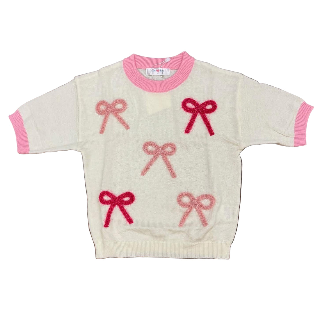 SS Cream Sweater with Pink Trim &amp; Multi Pink Bows