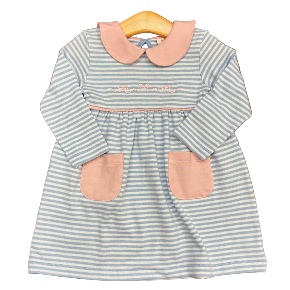 Sky Blue/White Stripe LS Dress with 3 Horizontal Bows Embroidery