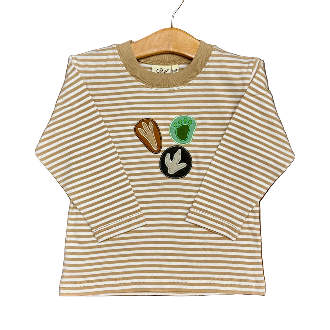 Sand/White Stripe Boys LS T-Shirt with Dino Footprints Applique