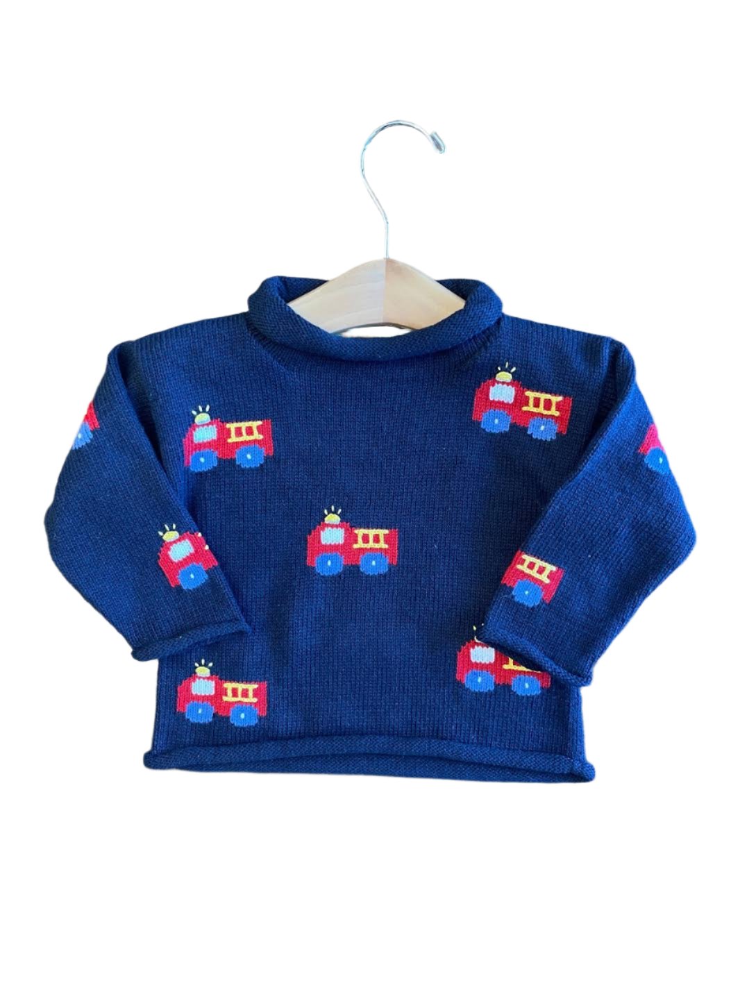 Roll Neck Sweater: Twilight with Allover Firetrucks