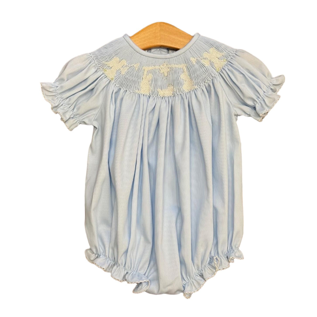 Emmie Smocked Bubble: Light Blue Nativity