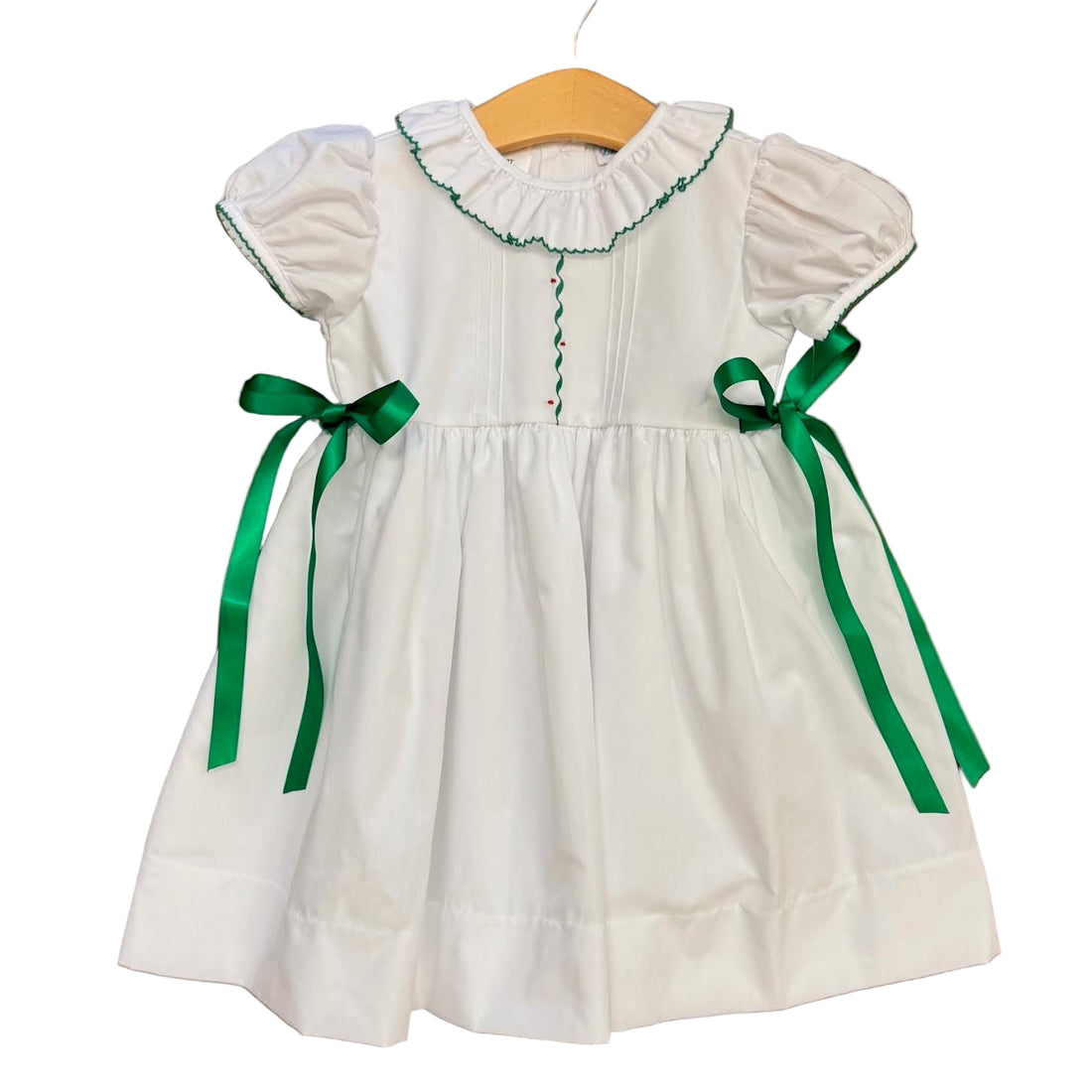 White Christmas Embroidered Dress with Ruffle Collar &amp; Green Satin Ribbon