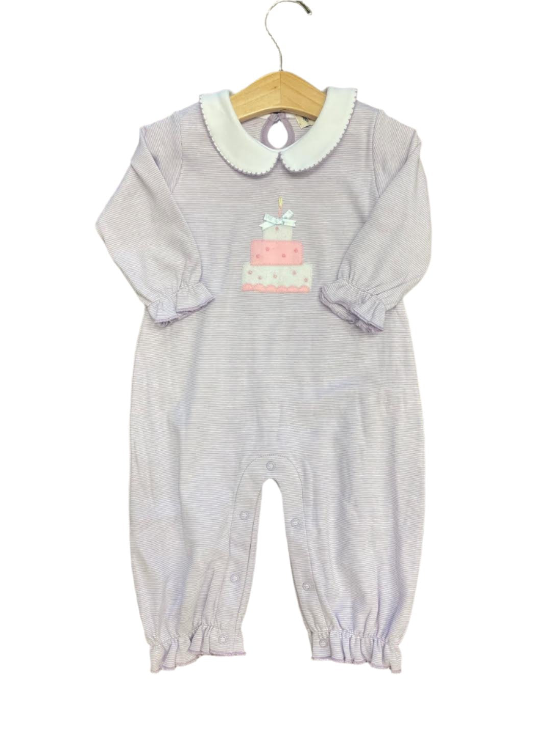 Baby Luigi LS Baby Girl Romper: Lavender Mini Stripe with Birthday Cake/Bow