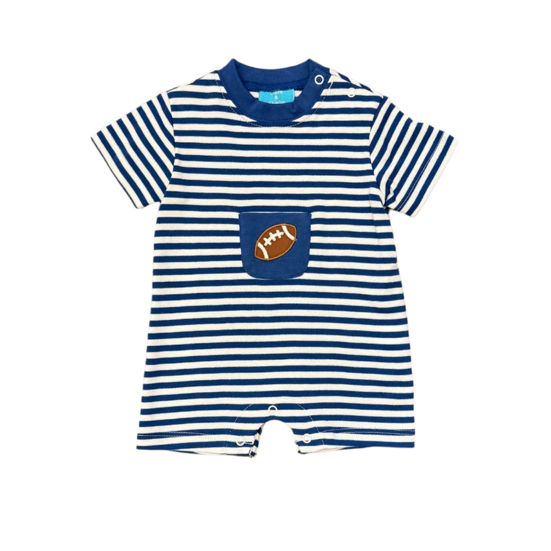 Boys Football Embroidered Romper: Blue Stripe