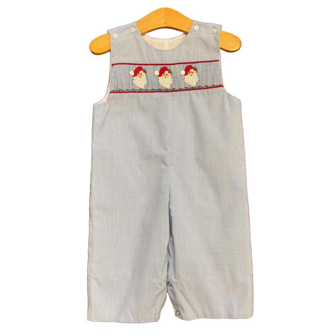 Blue Micro Gingham Santa Smocked Longall