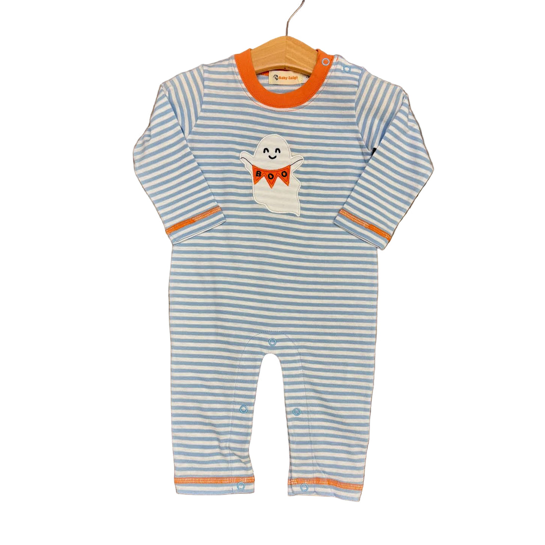 Sky Blue/White Stripe Boys Long Romper with Ghost w/Boo Banner Applique