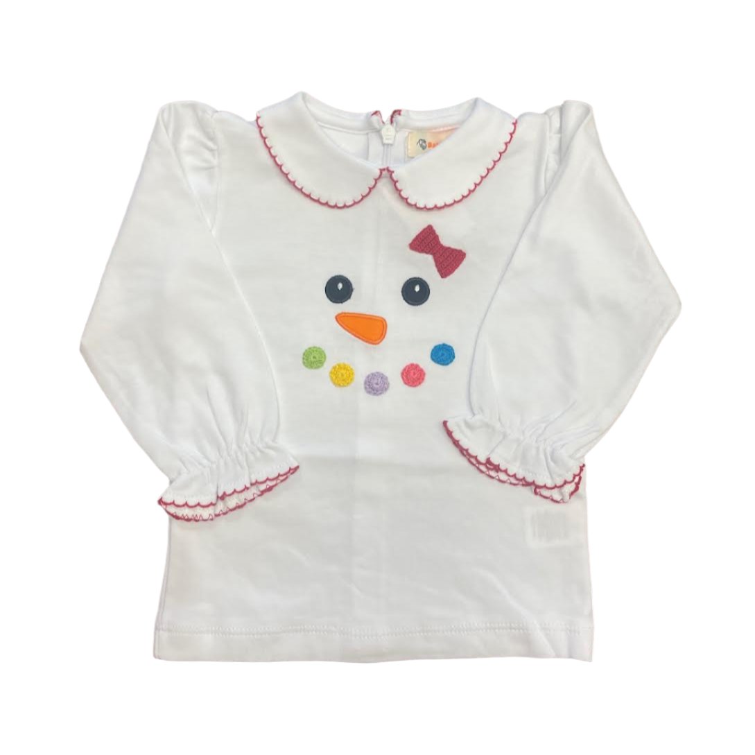 Luigi Girls White LS Shirt with Snowman Face Embroidery