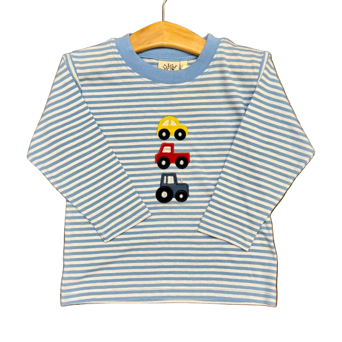 Sky Blue/White Stripe Boys LS T-Shirt with Verticle Stacked Vehicles Applique