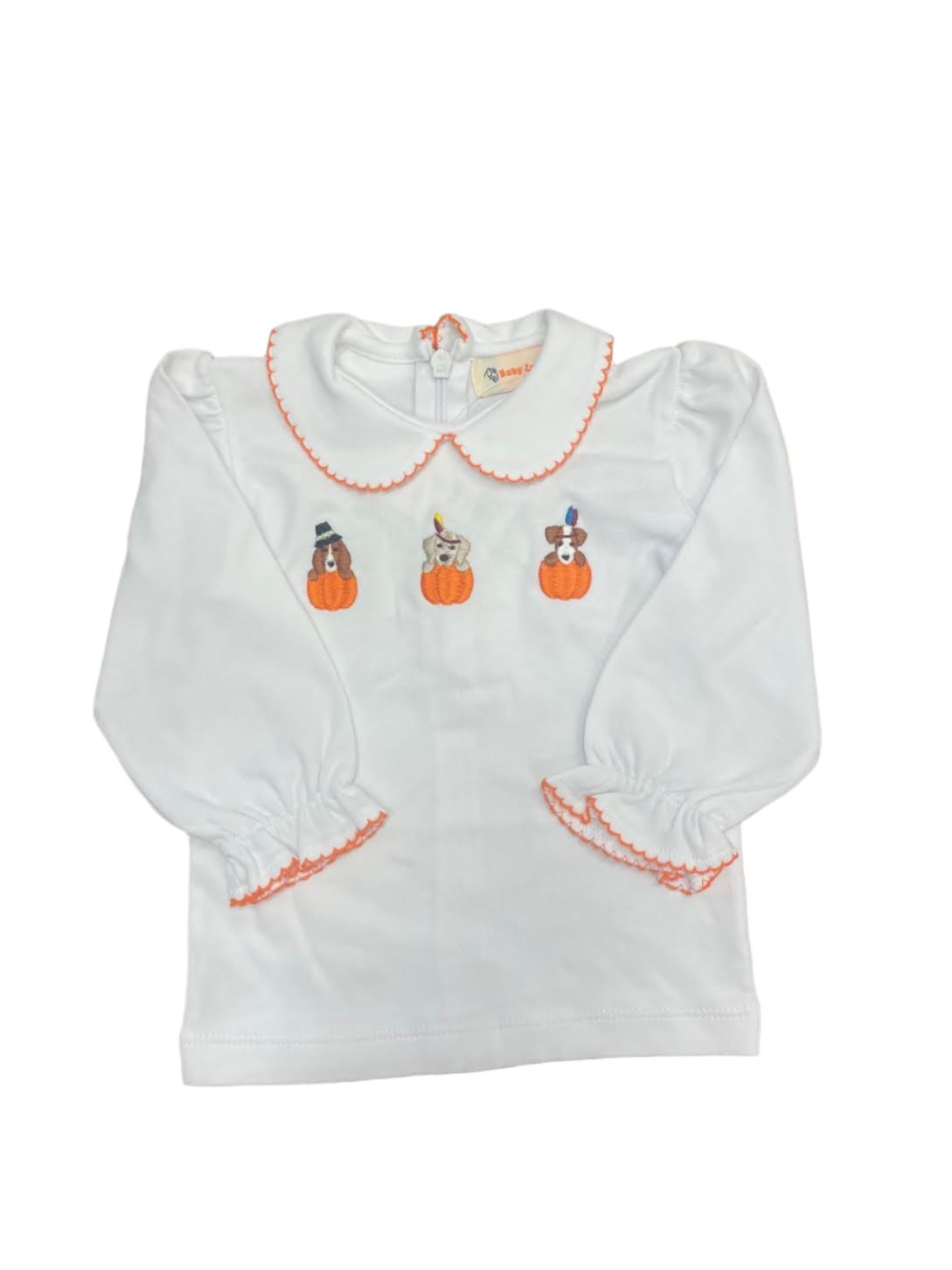 Luigi Kids Girls LS Ruffle Sleeve Peter Pan T-Shirt: White with Puppies in Pumpkins