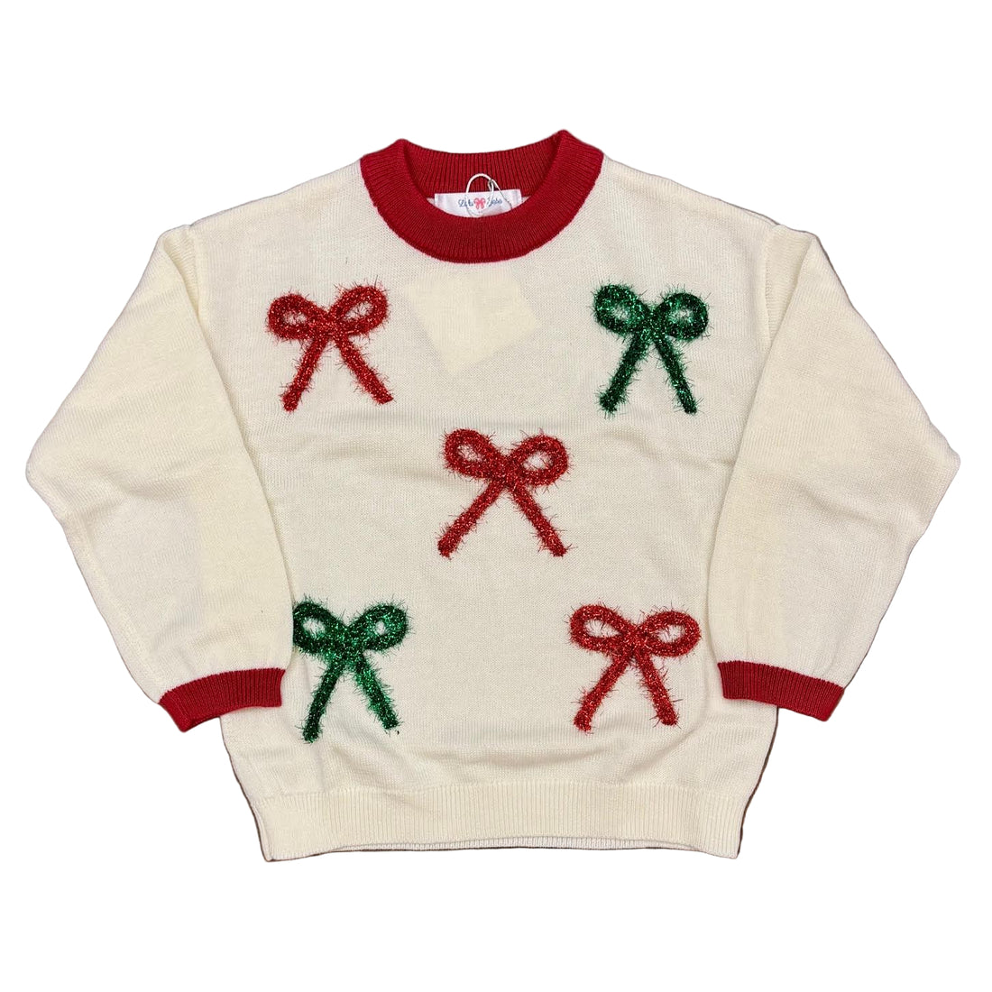 Cream Sweater with Red Trim &amp; Red/Green Bows