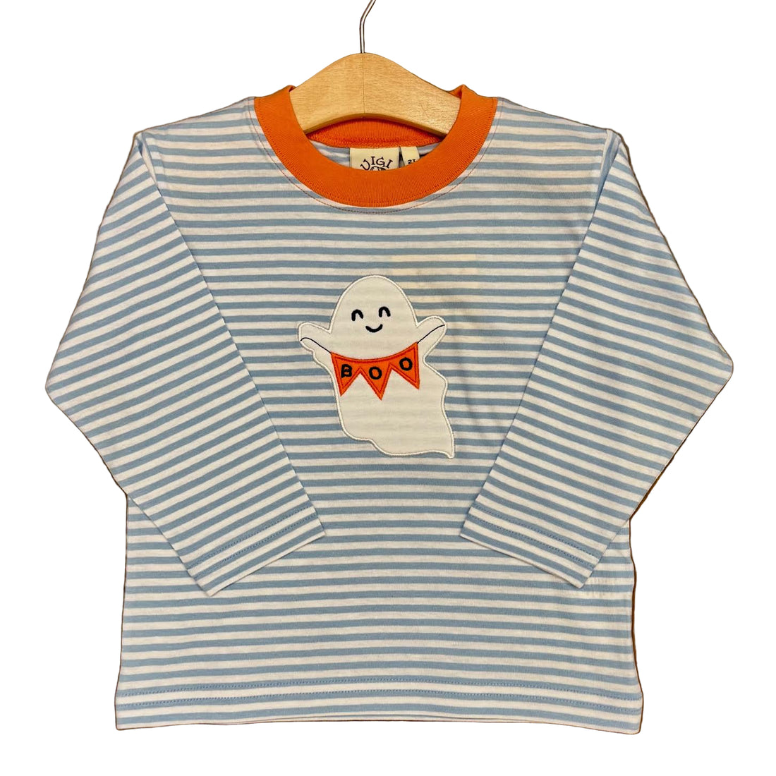 Skiy Blue/White Stripe Boys LS T-Shirt with Ghost w/Boo Banner Applique