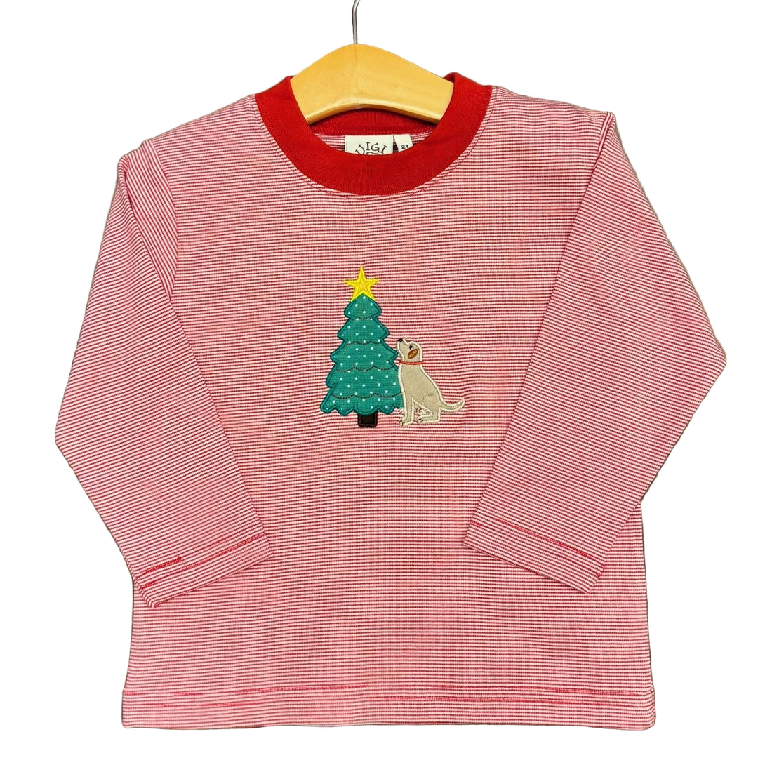LS Red/White Stripe T-Shirt with Christmas Tree &amp; Lab Applique
