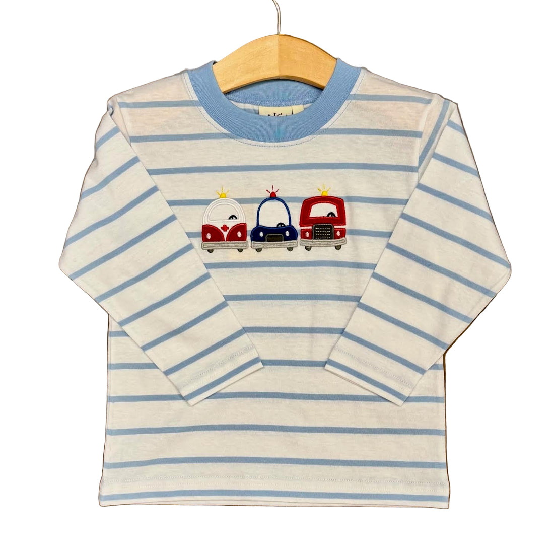 Sky Blue/White Stripe LS T-Shrit with Emergency Vehicles Applique