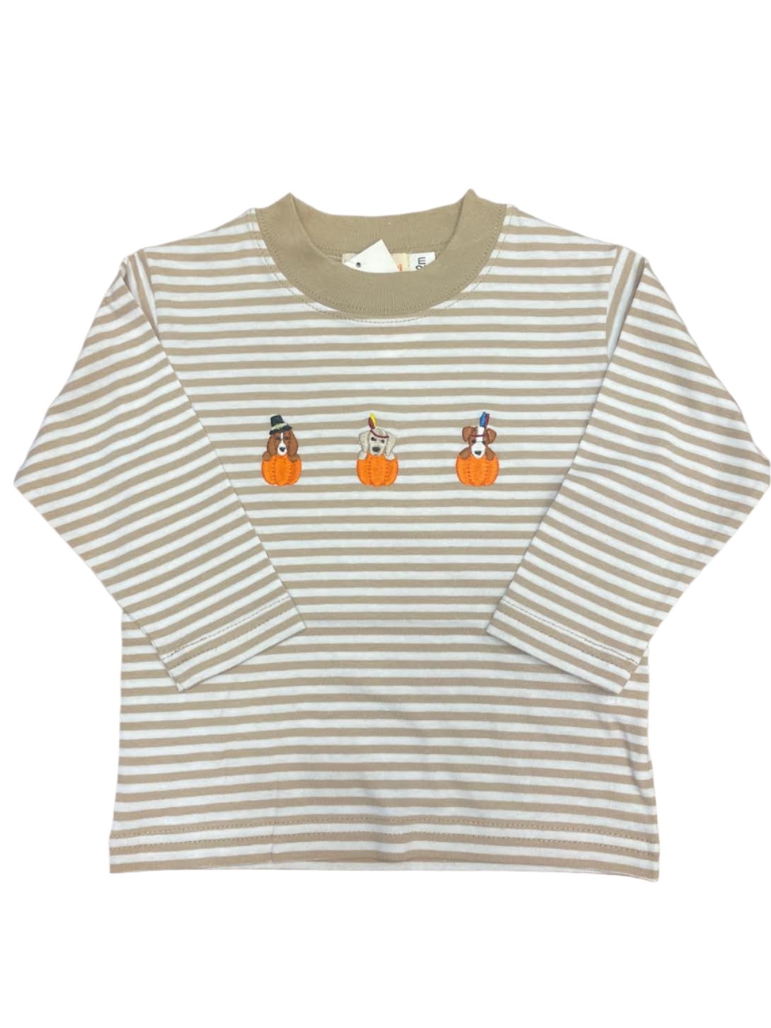 Luigi Kids LS Boys T-Shirt: Sand/White Stripe with Puppies in Pumpkins