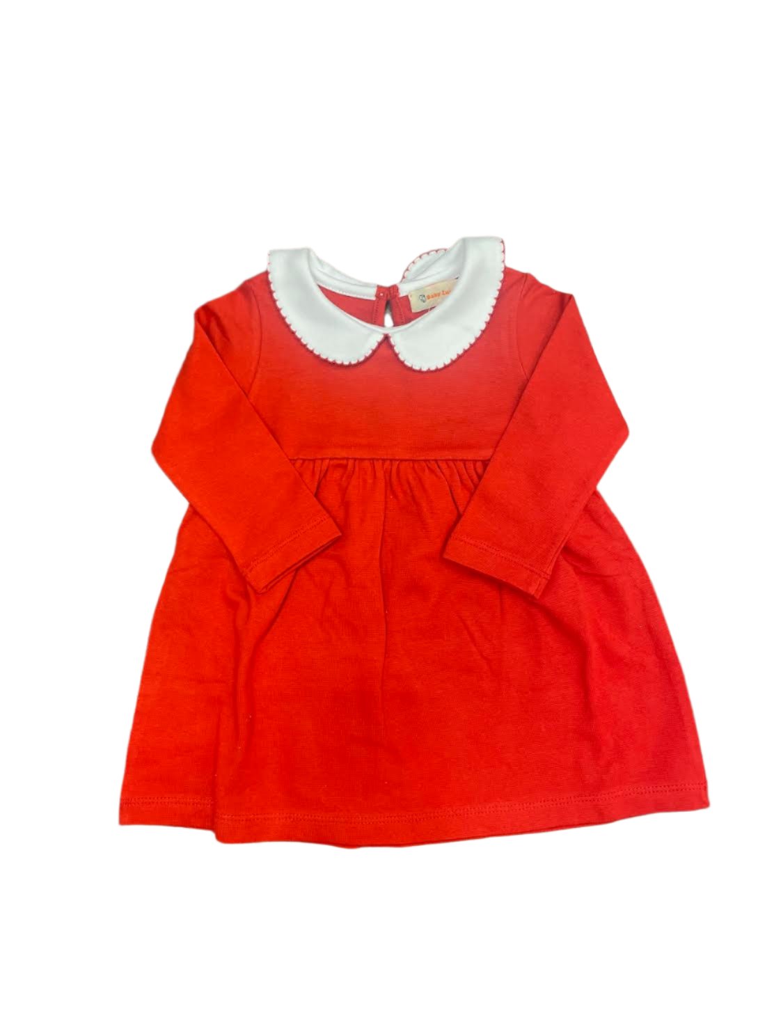 Luigi Kids LS Girls Peter Pan Collar Dress: Deep Red/White