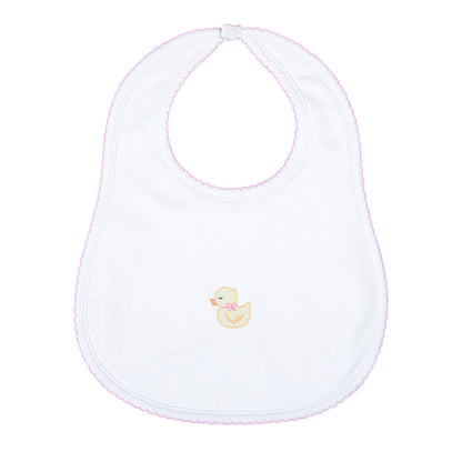 Precious Duckling Embroidered Bib: PInk Trim