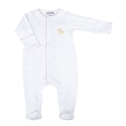 Precious Duckling Embroidered Footie: Pink Trim