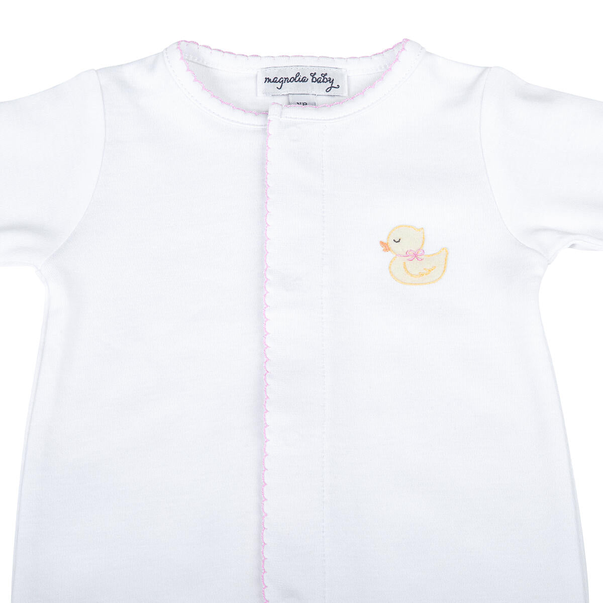 Precious Duckling Embroidered Footie: Pink Trim