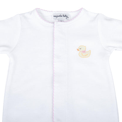 Precious Duckling Embroidered Footie: Pink Trim