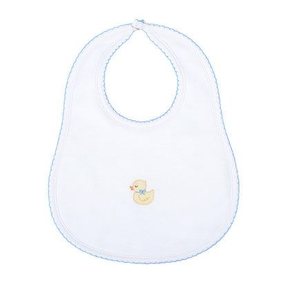 Precious Duckling Embroidered Bib: Light Blue Trim