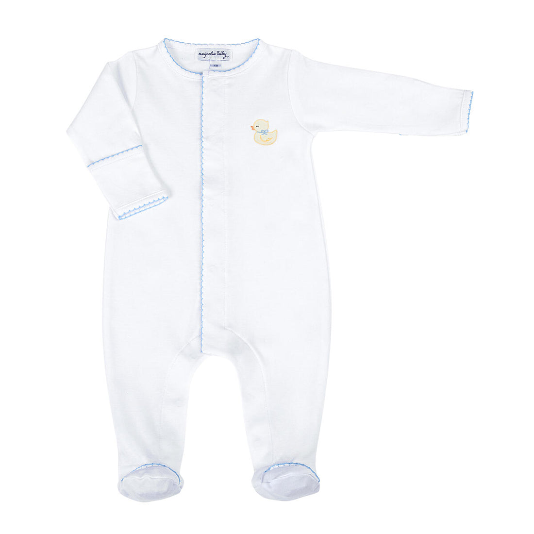 Precious Duckling Embroidered Footie: Light Blue Trim