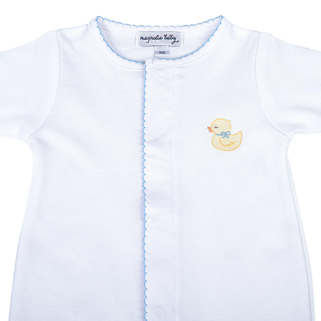 Precious Duckling Embroidered Footie: Light Blue Trim