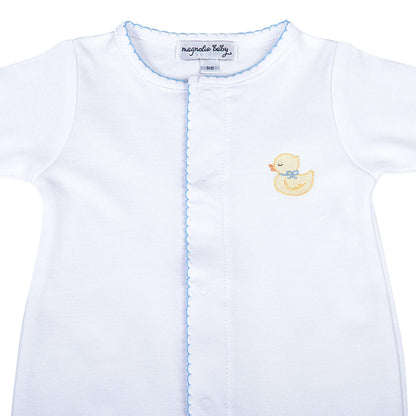 Precious Duckling Embroidered Footie: Light Blue Trim