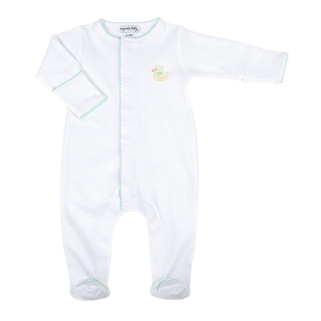 Precious Duckling Embroidered Footie: Celery Trim