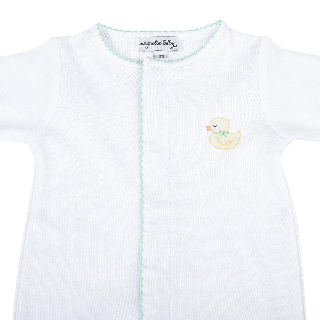 Precious Duckling Embroidered Footie: Celery Trim