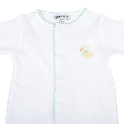 Precious Duckling Embroidered Footie: Celery Trim