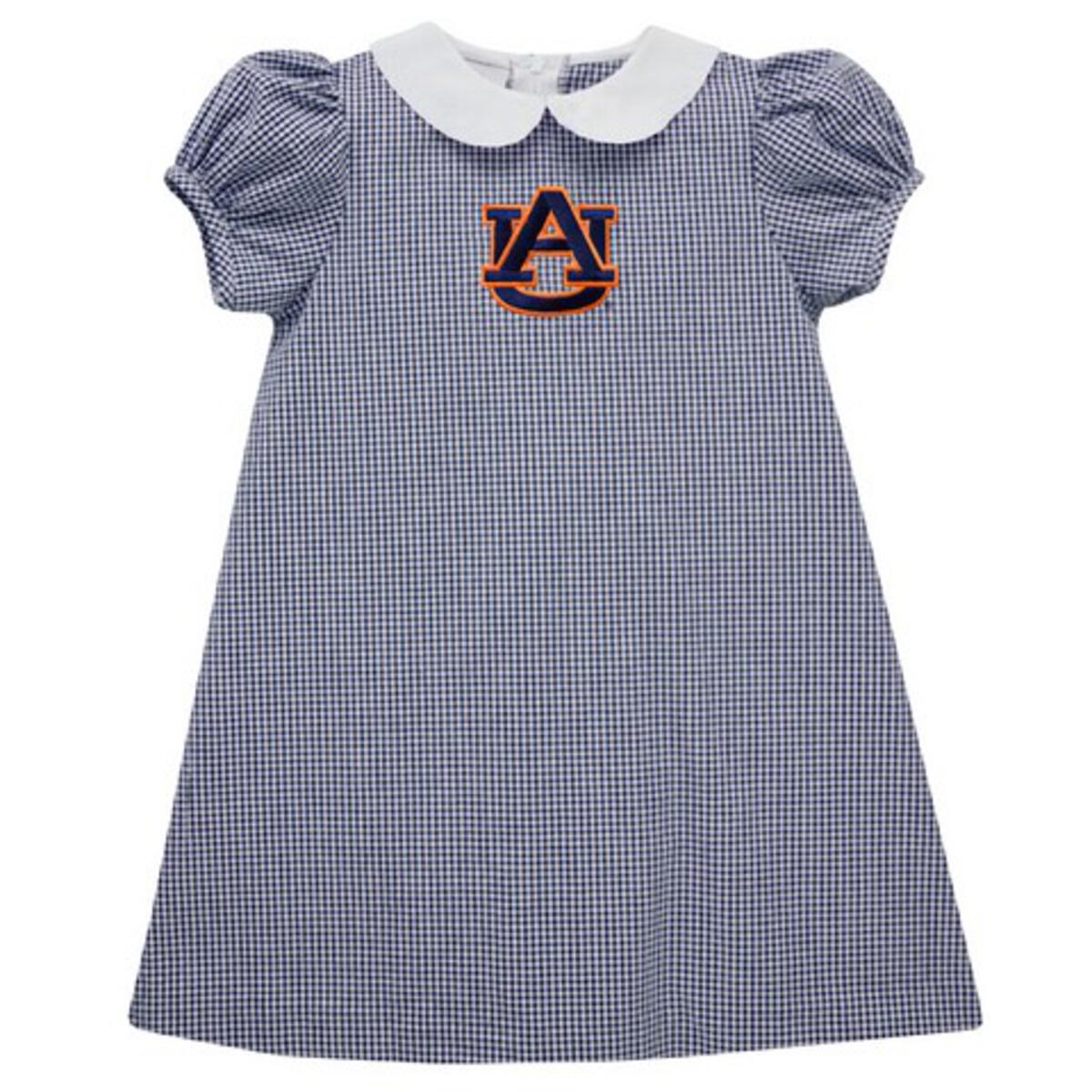 Auburn Tigers Embroidered Navy Gingham Short Sleeve A Line Dress
