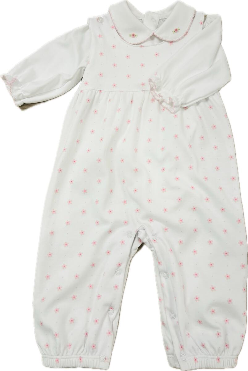 Pink Flower Print Baby Pima Cotton Overall &amp; Onesie Set