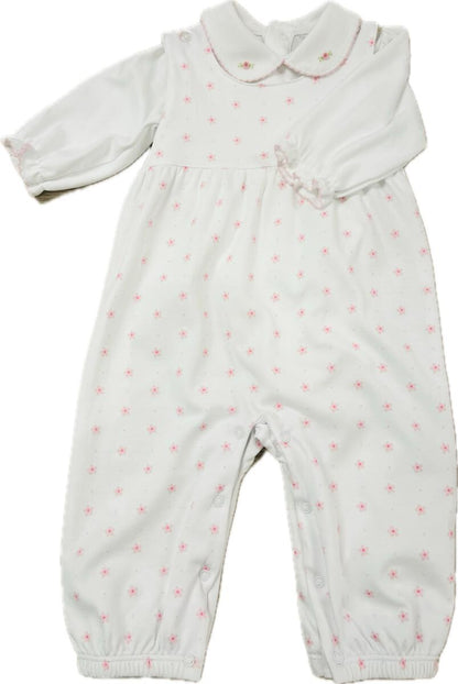 Pink Flower Print Baby Pima Cotton Overall &amp; Onesie Set