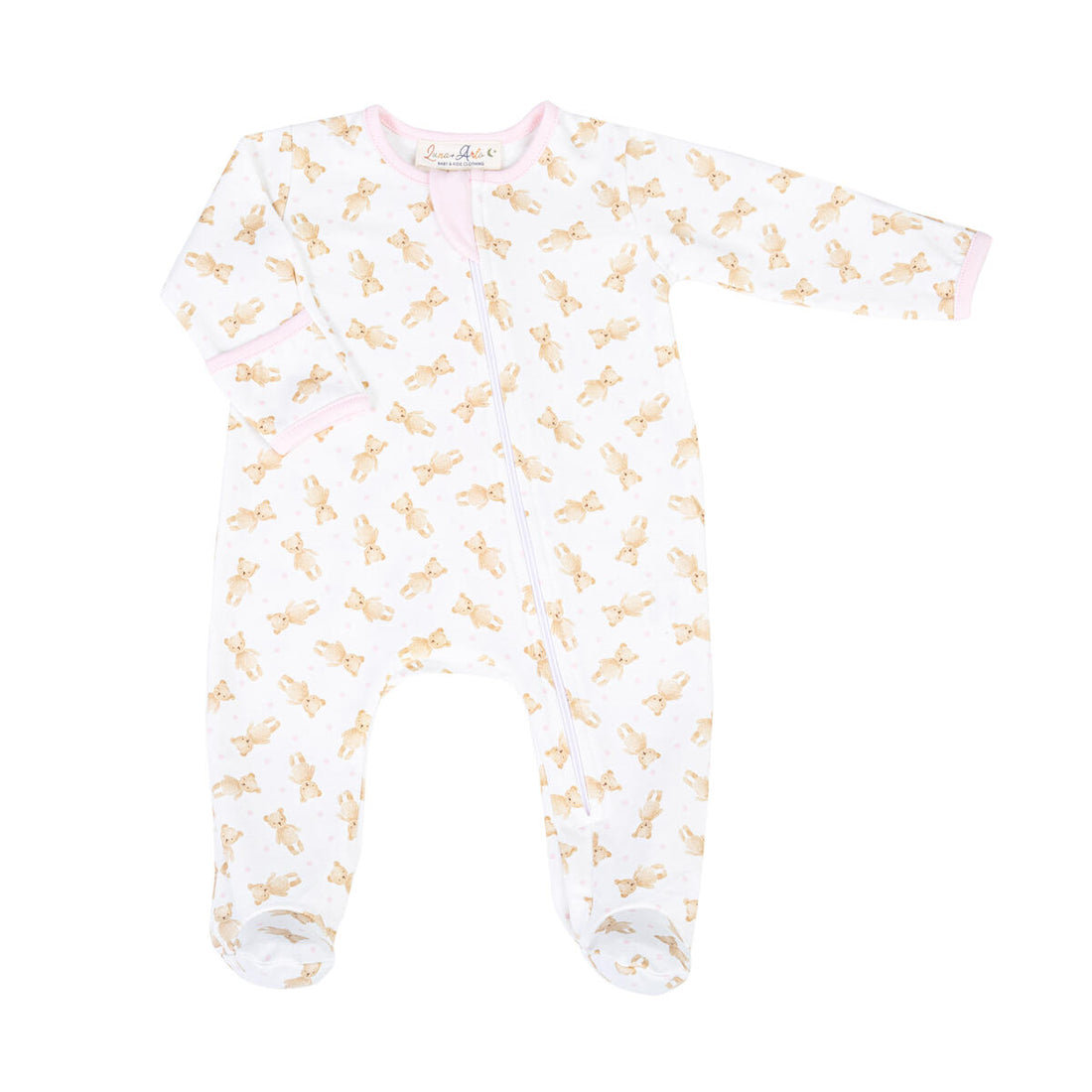 Teddy Printed Zippered Footie: Light PInk