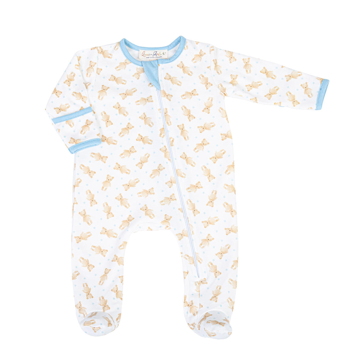 Teddy Printed Zippered Footie: Ligth Blue