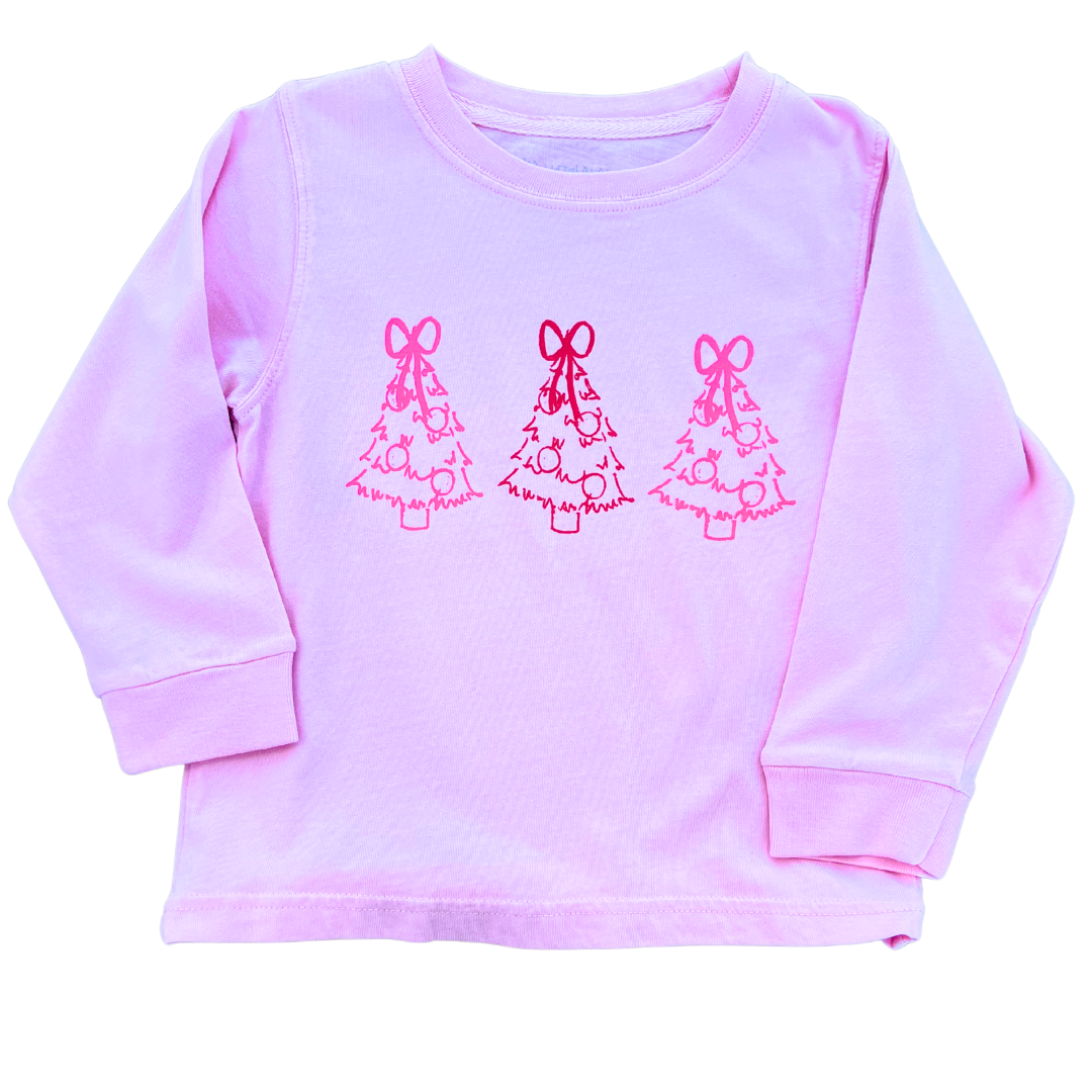 LS Mustard &amp; Ketchup Kids T-Shirt: Light Pink with Red Christmas Tree Trio