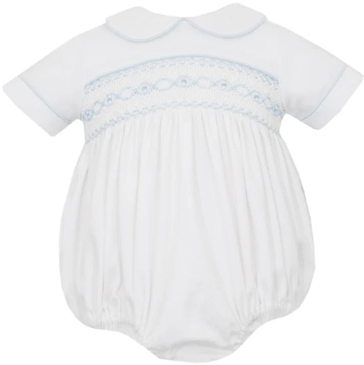 George Smocked Knit Bubble: White with Blue Smocking