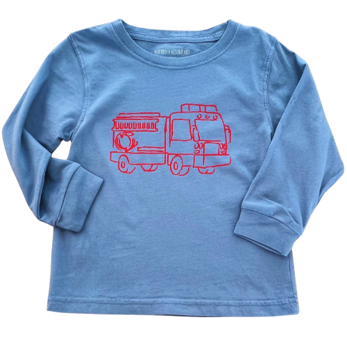 LS Mustard &amp; Ketchup Kids T-Shirt: Denim Blue with Red Firetruck