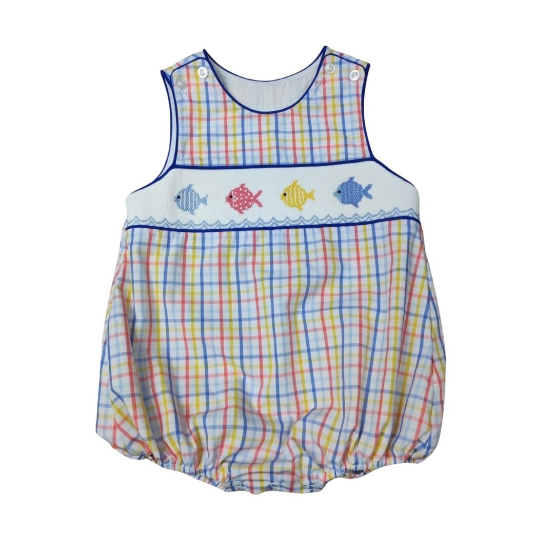 Fishing Around Primary Plaid Smocked Boy Bubble