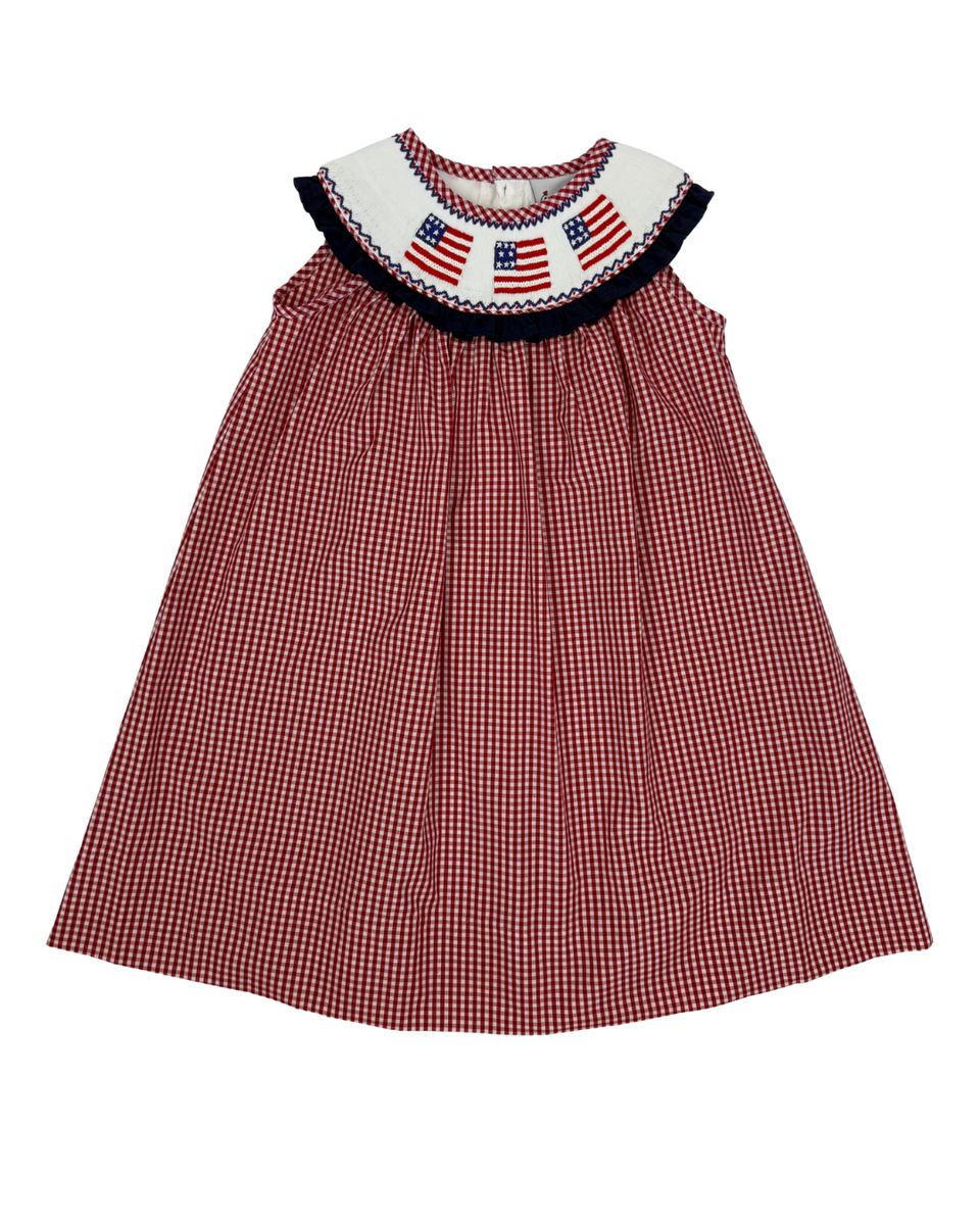 Red Windowpane Flag Smocked Bishop Dress