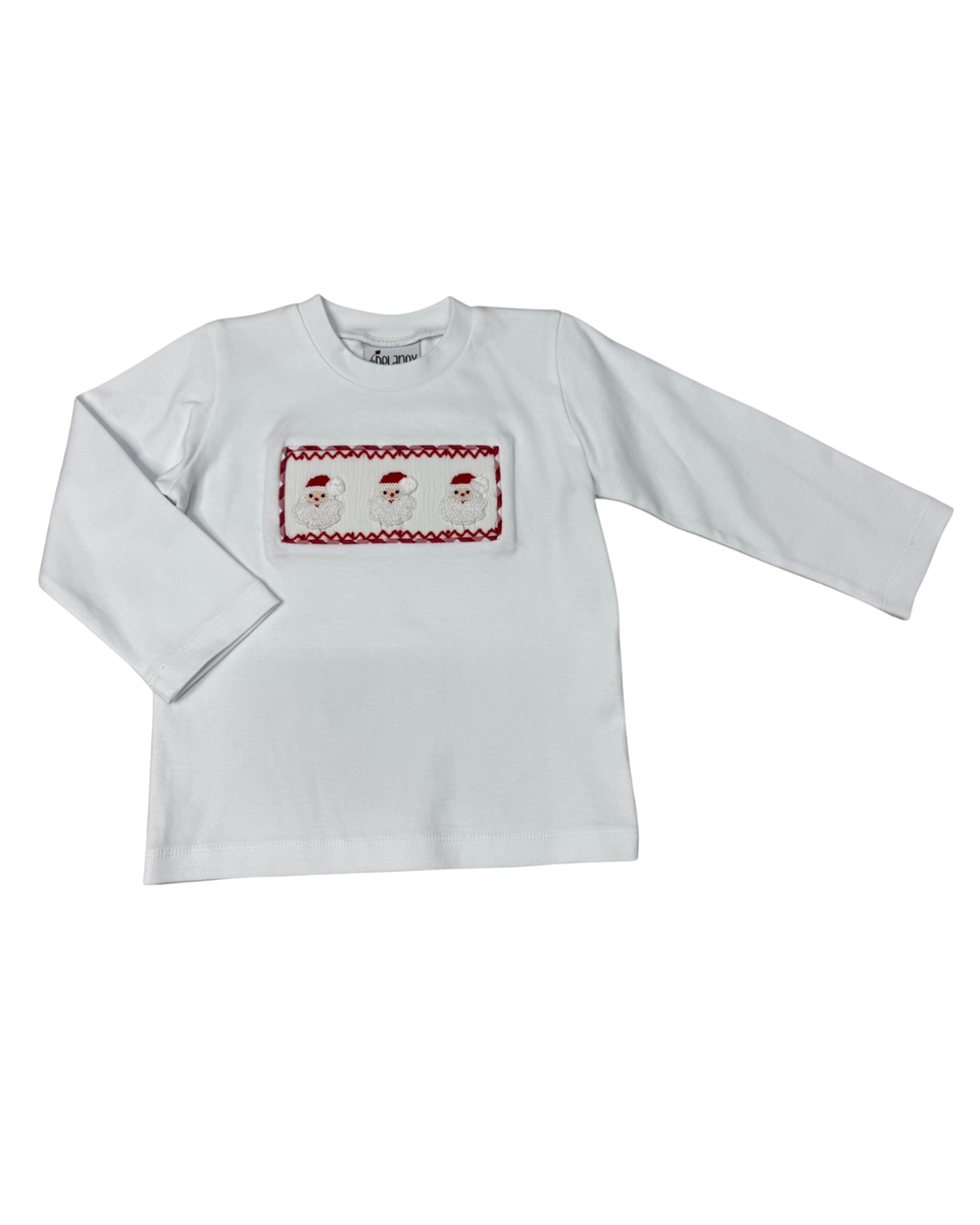 Boys White Knit Santa Smocked LS T-Shirt