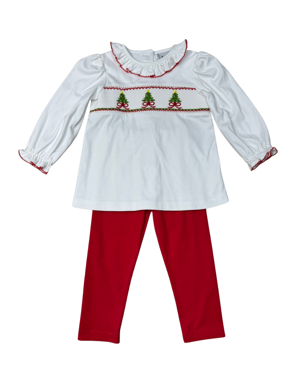 Girls Ruffle Collar Smocked Bow Christmas Tree Legging Set