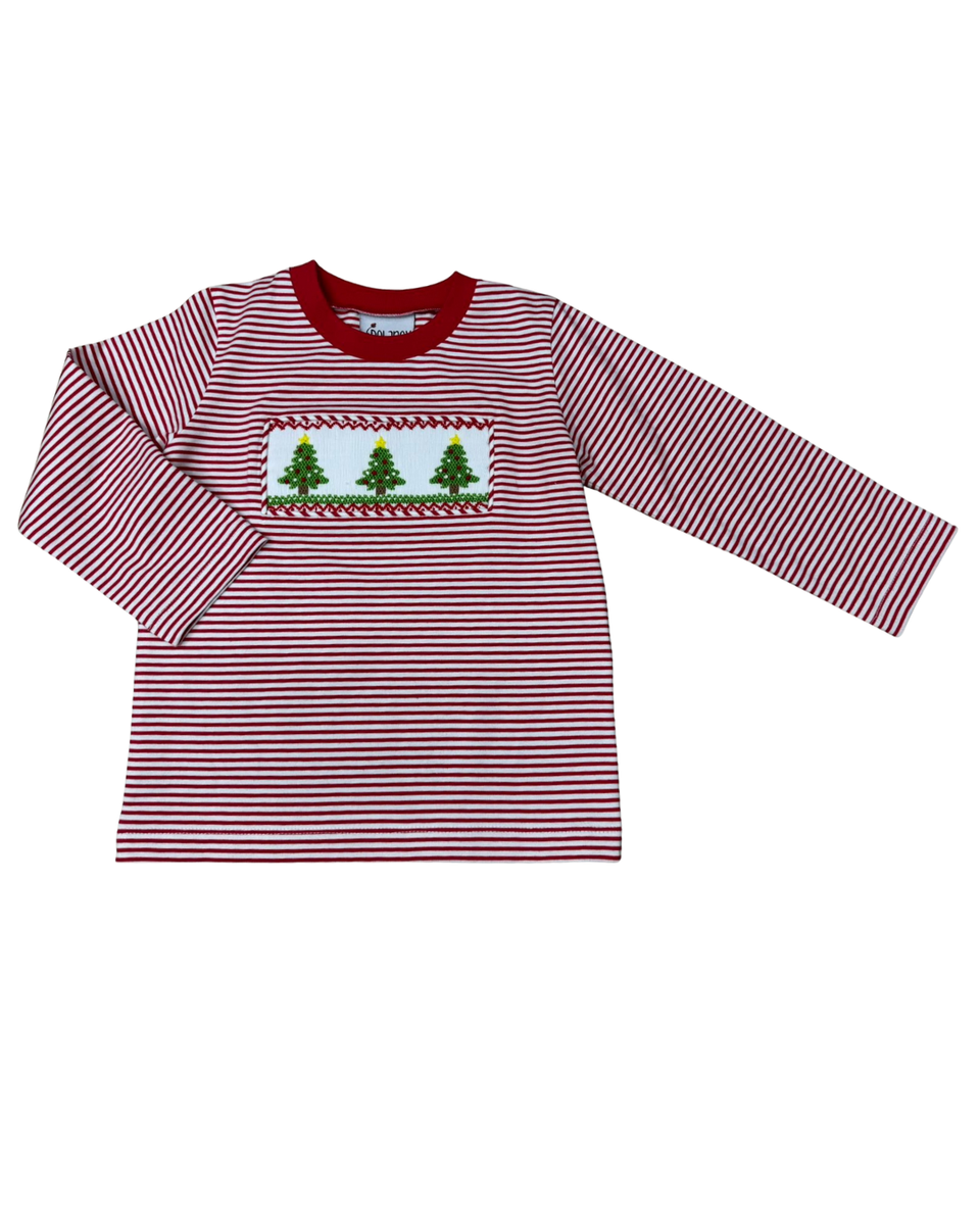Boys Red/White Stripe Knit Christmas Tree Smocked LS T-Shirt