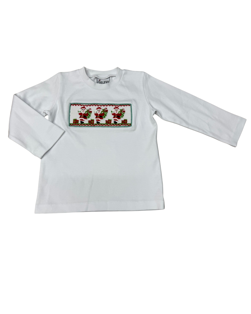 Boys White Knit Jolly Santa Smocked LS T-Shirt